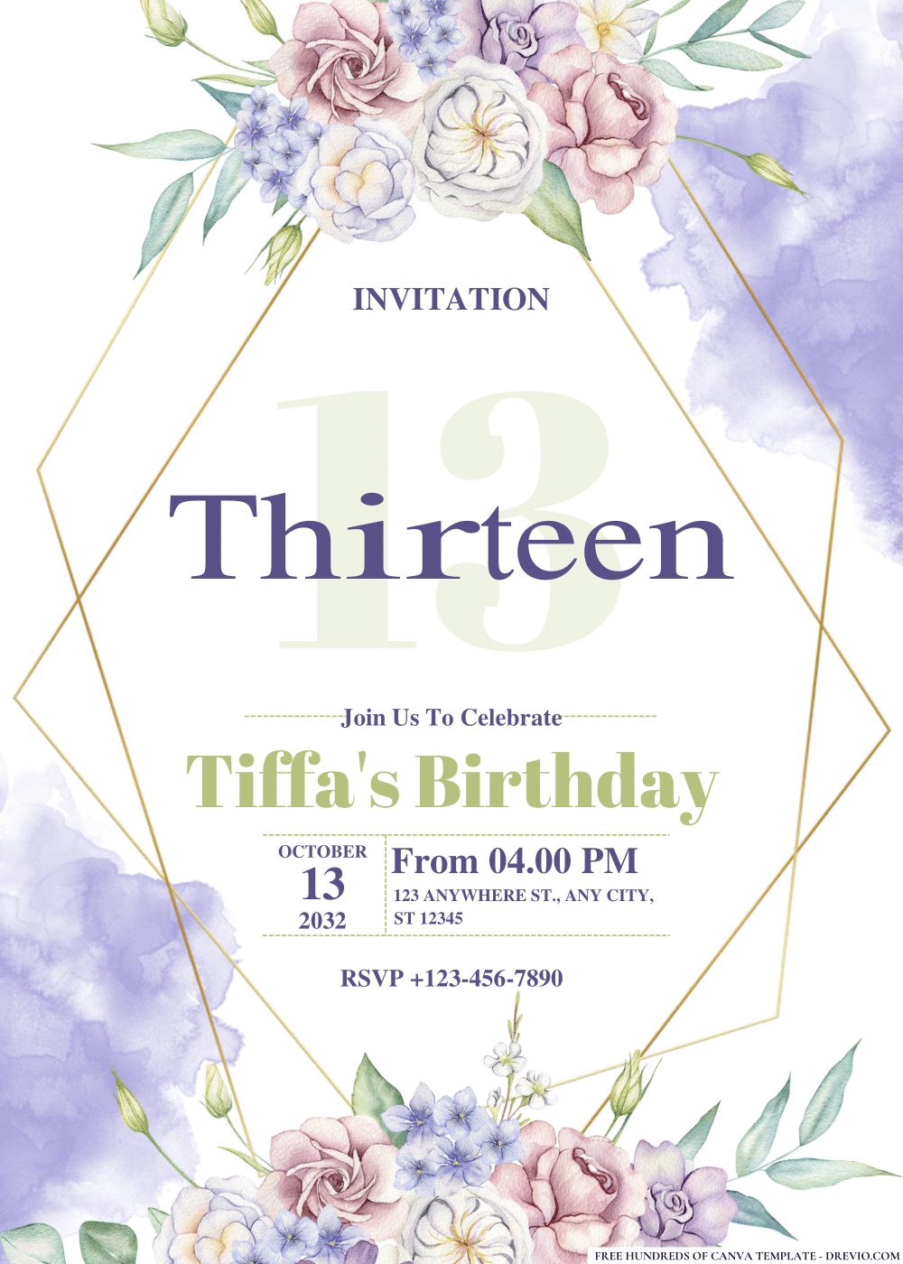 FREE PDF Invitation – Watercolor Purple Floral Birthday Invitations