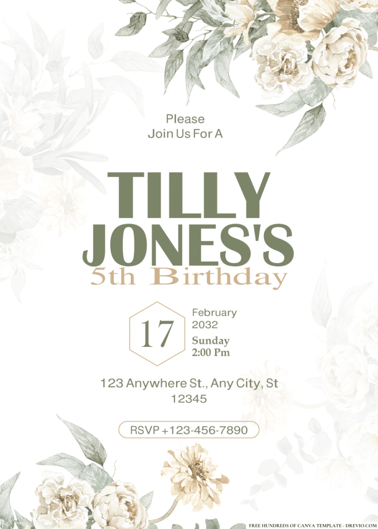 White Flowers & Leaves Birthday Invitations