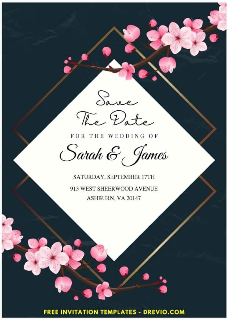 Gold Rhombus Frame Sakura Wedding Invitation Templates