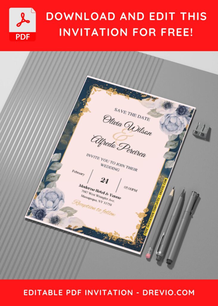 Glitter and Gold Floral Wedding Invitation