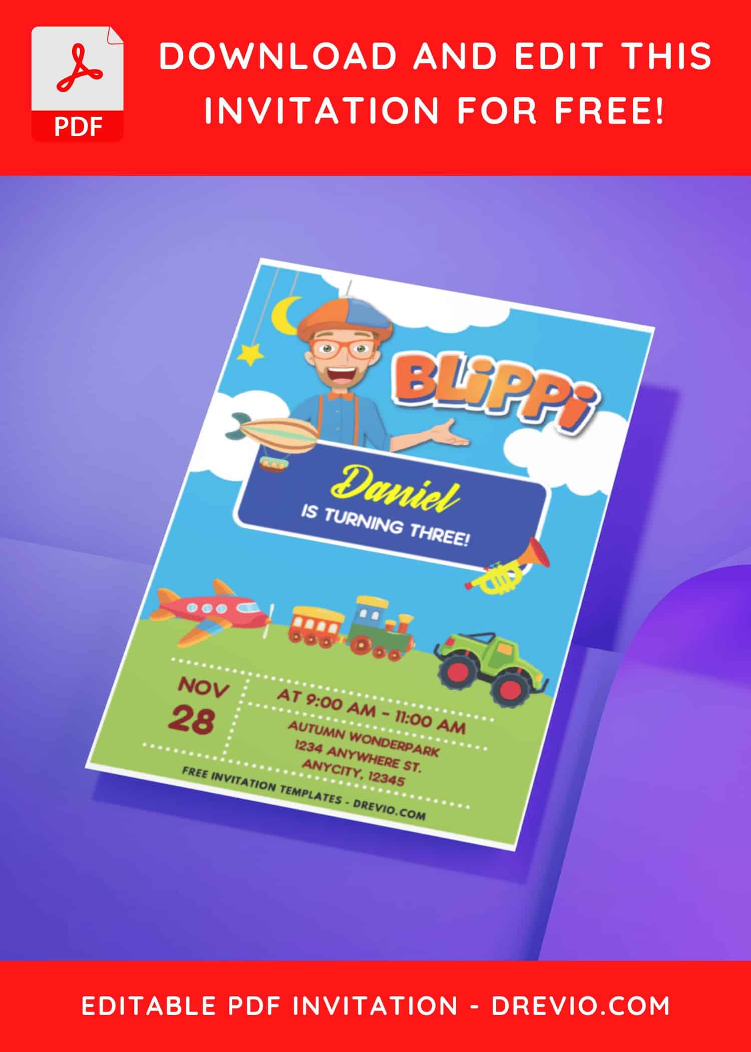 (Easily Edit PDF Invitation) Cutest Blippi Birthday Invitation