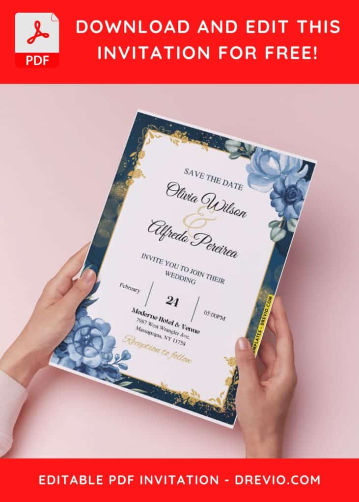 Watercolor Blue Rose and Purple Anemone Wedding Invitation Templates