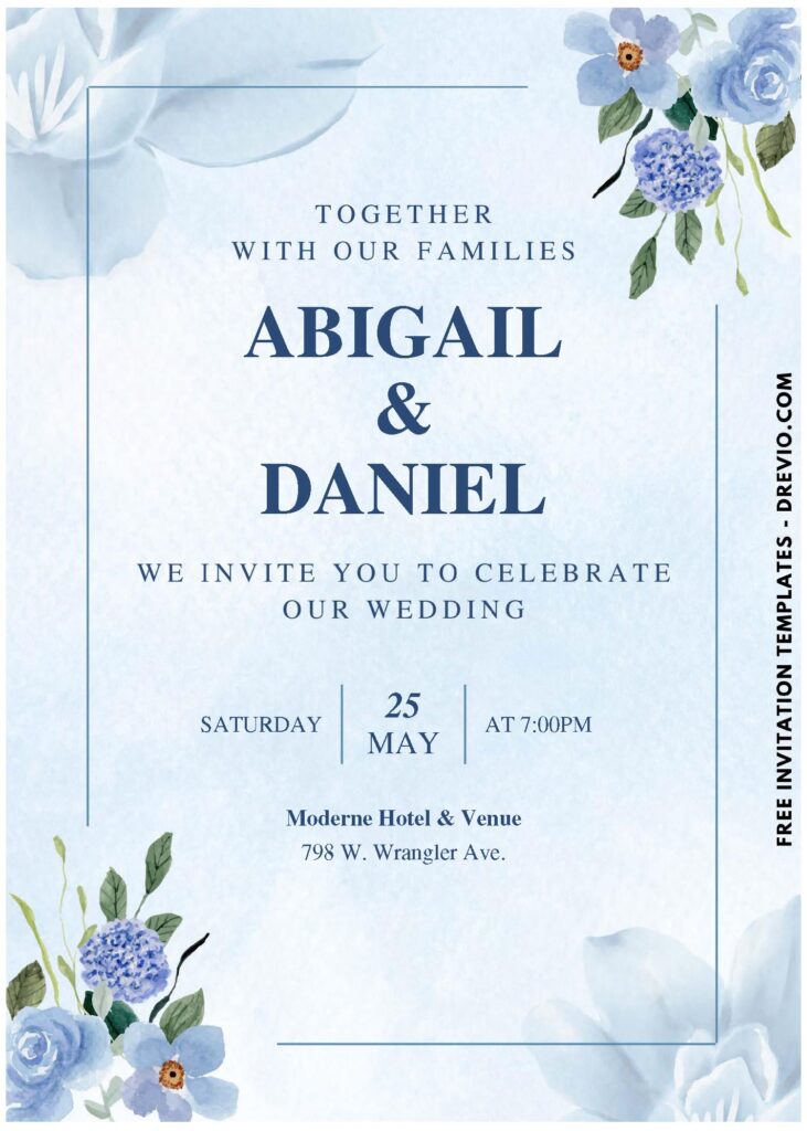 Classic Floral Wedding Invitation template with Blue Pansy Flower