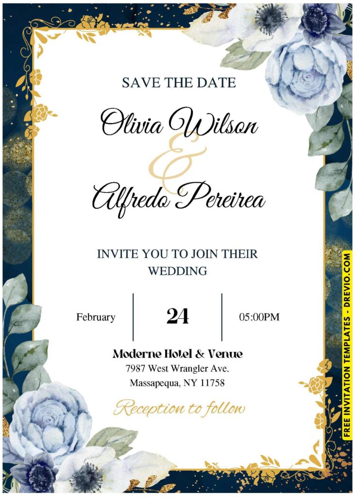 Rose and Anemone Wedding Invitation with Gold Glitter