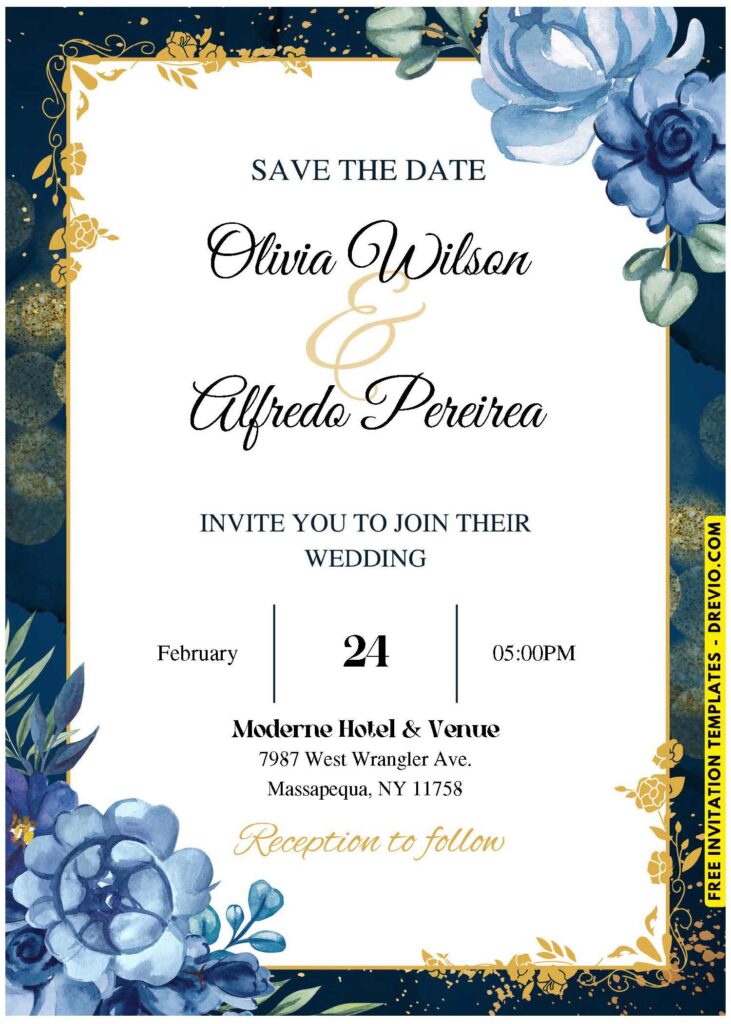 Dark Blue Rose Wedding Invitation with Gold Floral Ornament