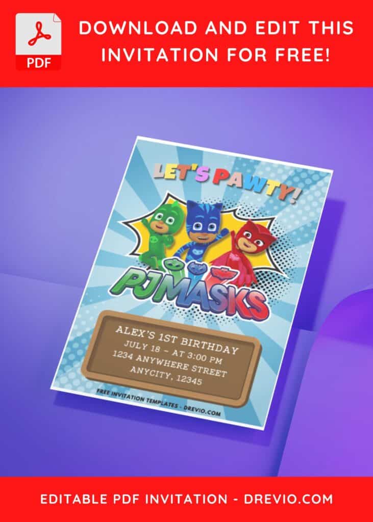 Comic style PJ Masks Birthday Invitation
