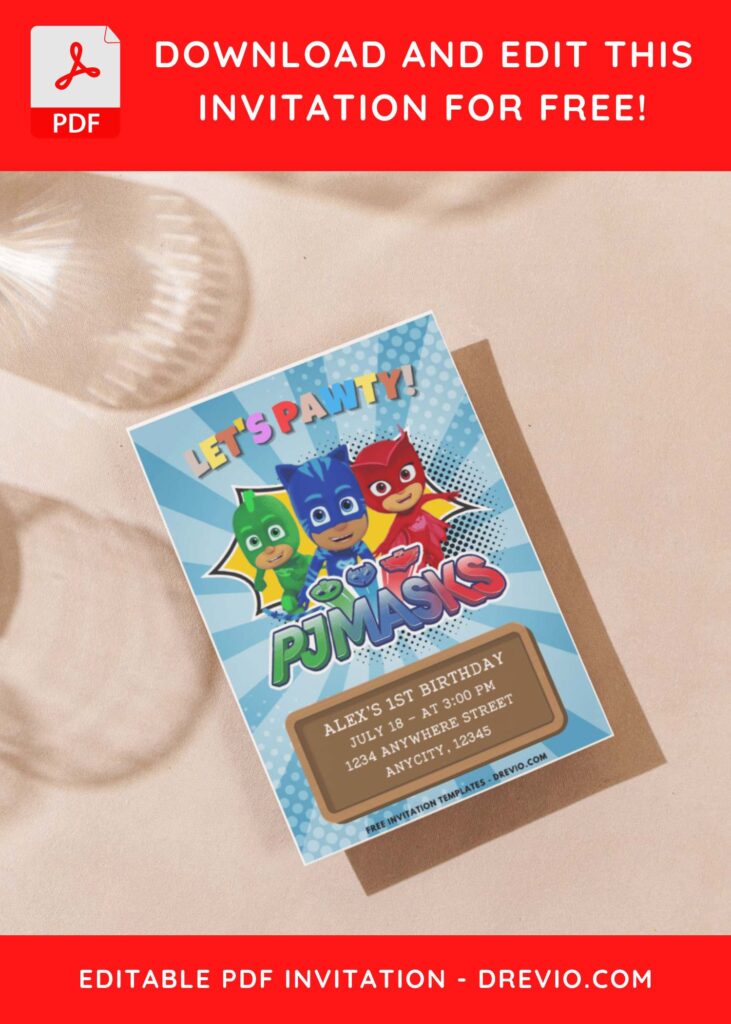 Colorful PJ Masks Birthday Invitation