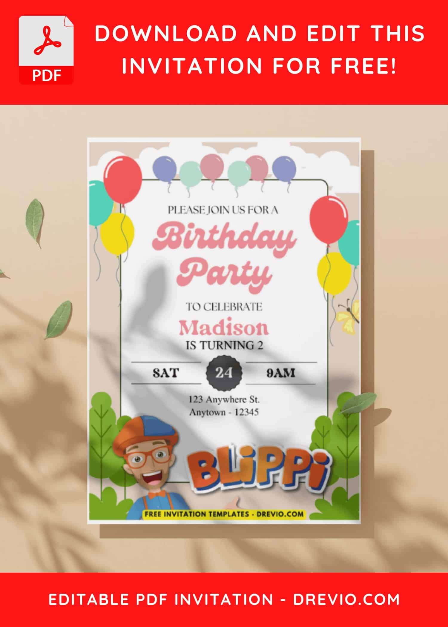 (Free PDF Invitation) Festive Blippi Birthday Invitation