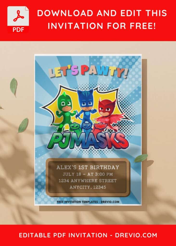 Comic style PJ Masks Birthday Invitation Templates