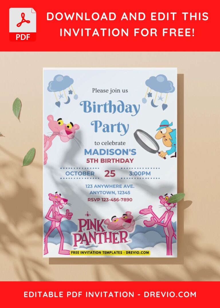 (Free PDF Invitation) Whimsy Pink Panther Birthday Invitation