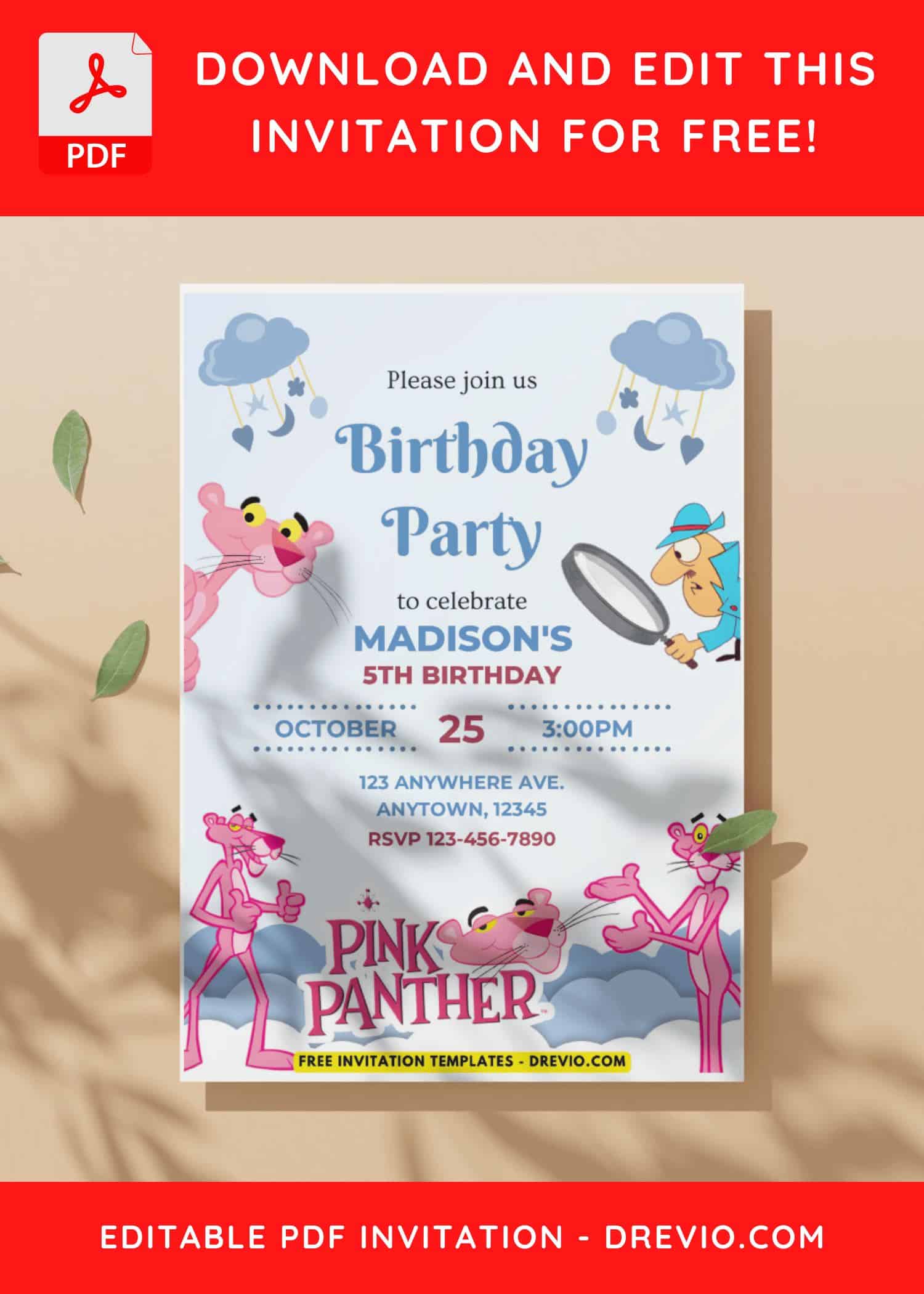 (Free PDF Invitation) Whimsy Pink Panther Birthday Invitation