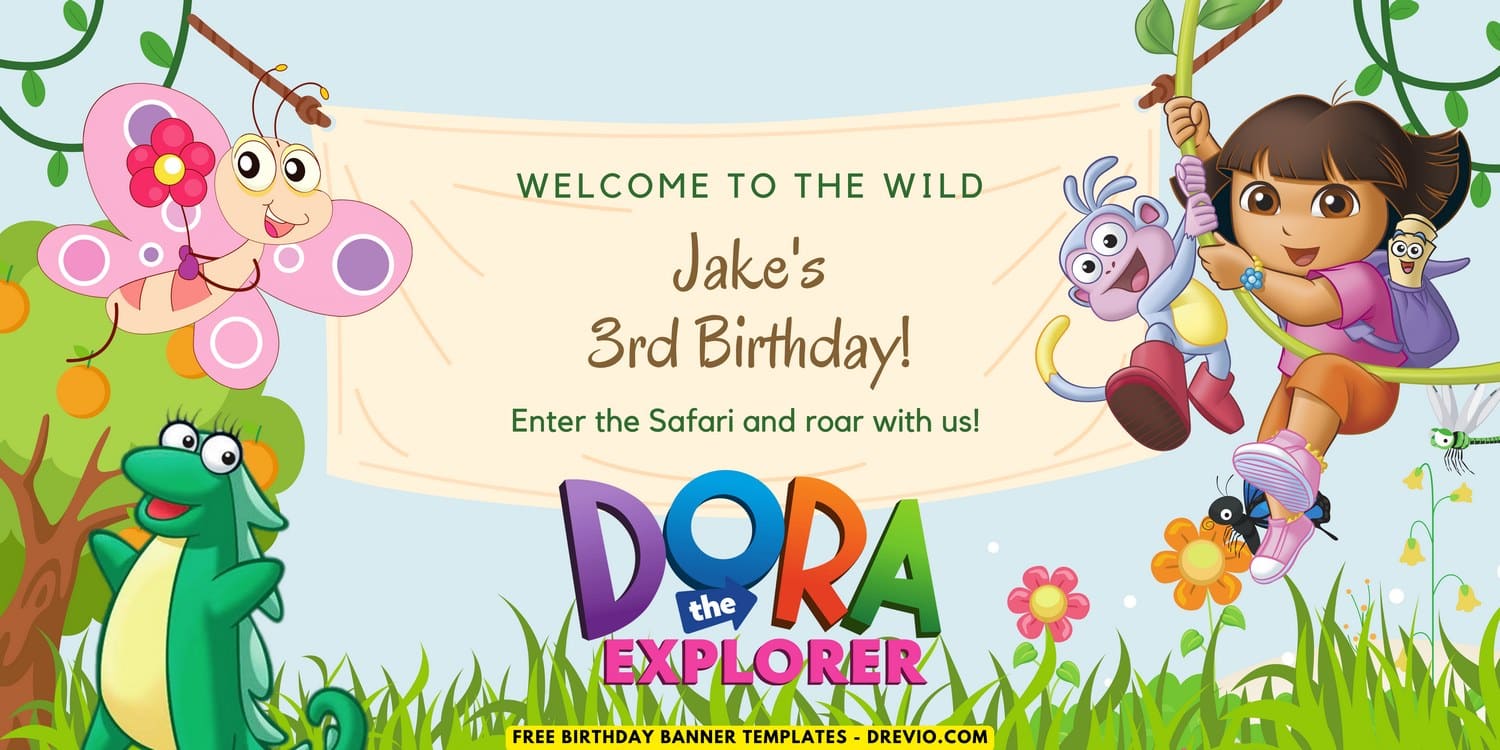 (Free Canva Template) Dora The Explorer Jungle Themed Birthday Backdrop Templates