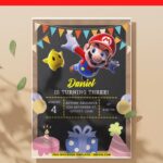 (Free PDF Invitation) Adorable Super Mario Chalkboard Birthday Invitation