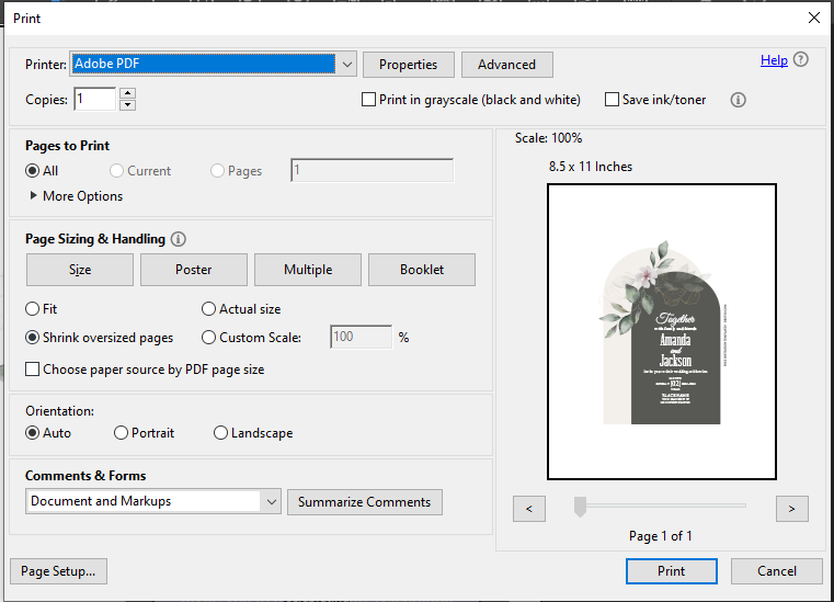 Preview Of Printing Page Options