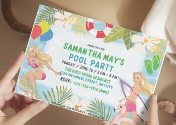 (Free PDF Invitation) Summer Barbie Pool Party Invitation