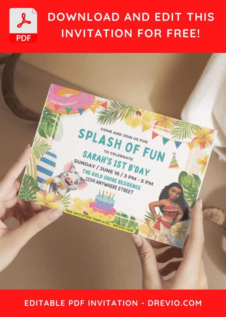 Moana And Surf Board Birthday Invitation