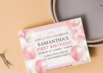 Pastel Pink Balloons Birthday Invitation with gold confetti