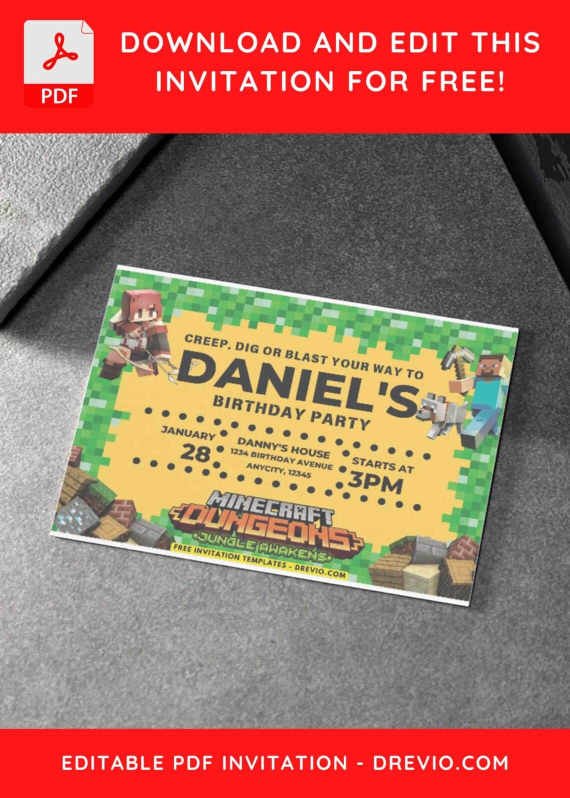 (Free PDF Invitation) Minecraft Dungeon Birthday Invitation