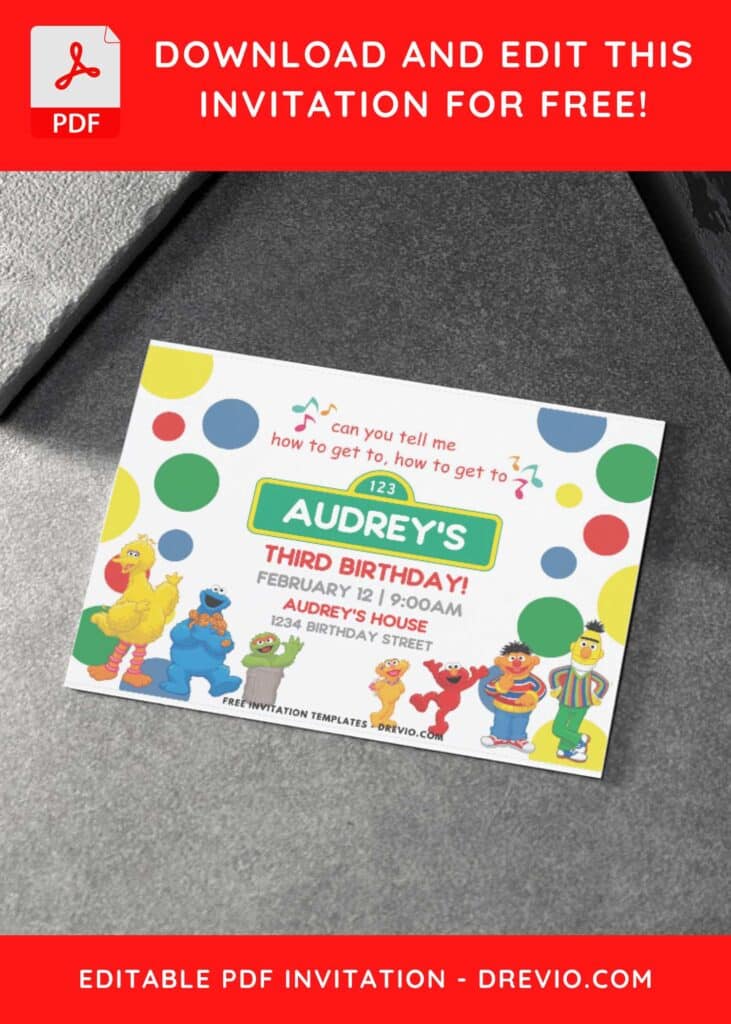 Rainbow Polka Dots Sesame Street Birthday Invitation 