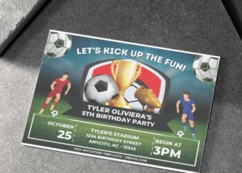 Football Soccer Field Theme Birthday Invitation with Ball on net