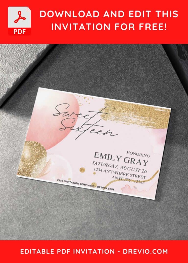 (Free PDF Invitation) Glitter Balloon Sweet 16 Birthday Invitation