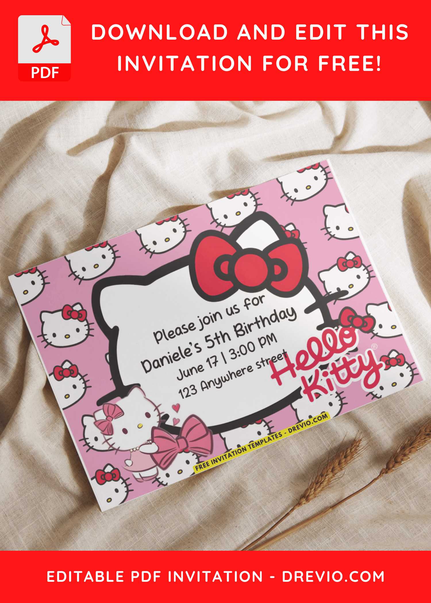(Free PDF Invitation) Girly Pink Hello Kitty Birthday Invitation