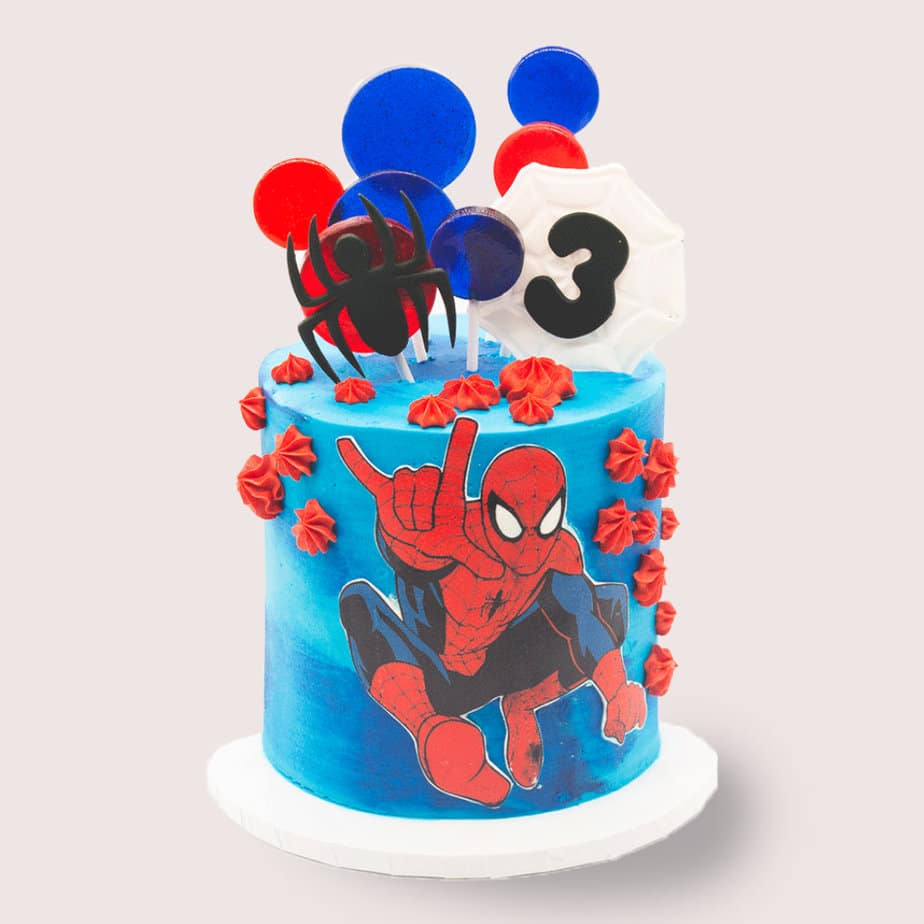 Spiderman Birthday Cake with colorful topper