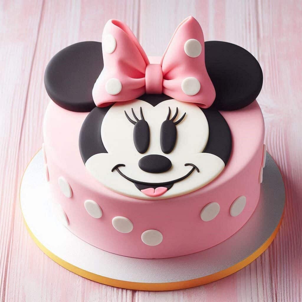 Simple Round shaped pink birthday cake with Minnie's Ears and Bow tie