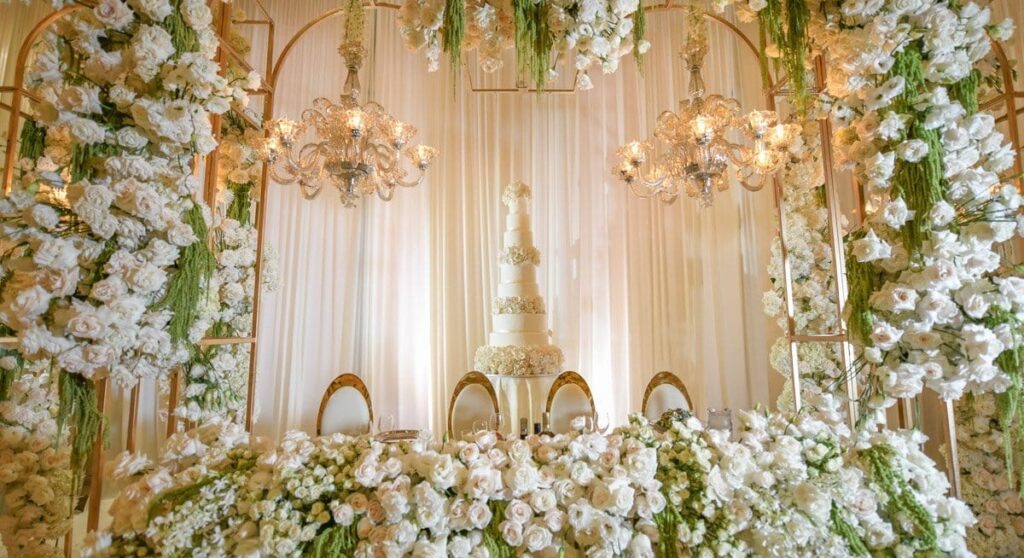Suspended Floral Wedding And Gold Accent Table Runner