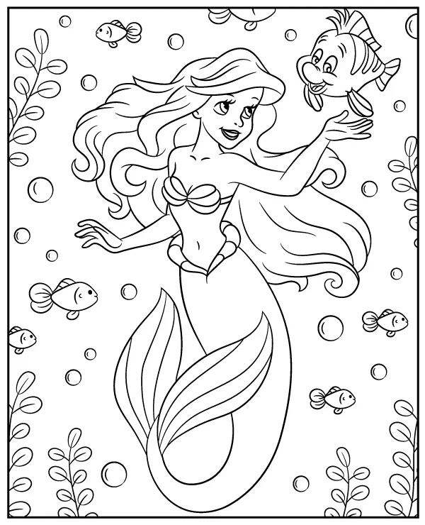 Ariel The Little Mermaid and Flounder Coloring Pages Templates