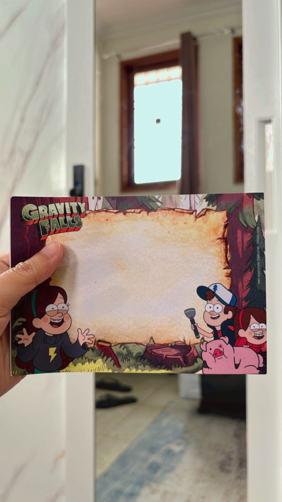 Kids party invitation inspired by Gravity Falls with coded symbols, rustic colors, and hidden clue elements