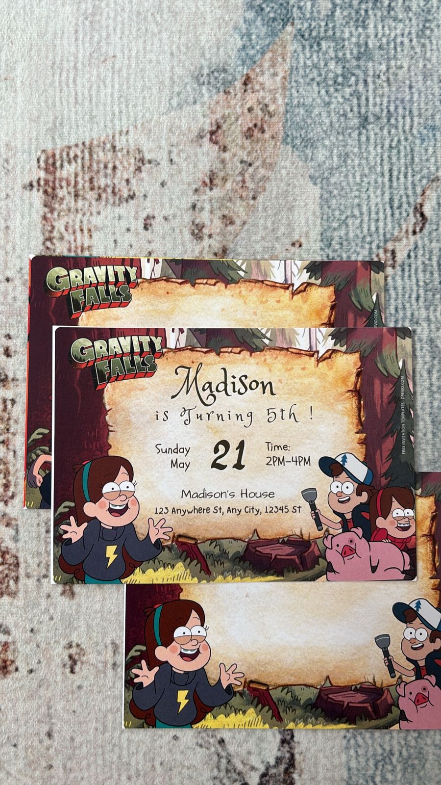Gravity Falls invitation template with secret code symbols, map-like background, and doodle-style graphics