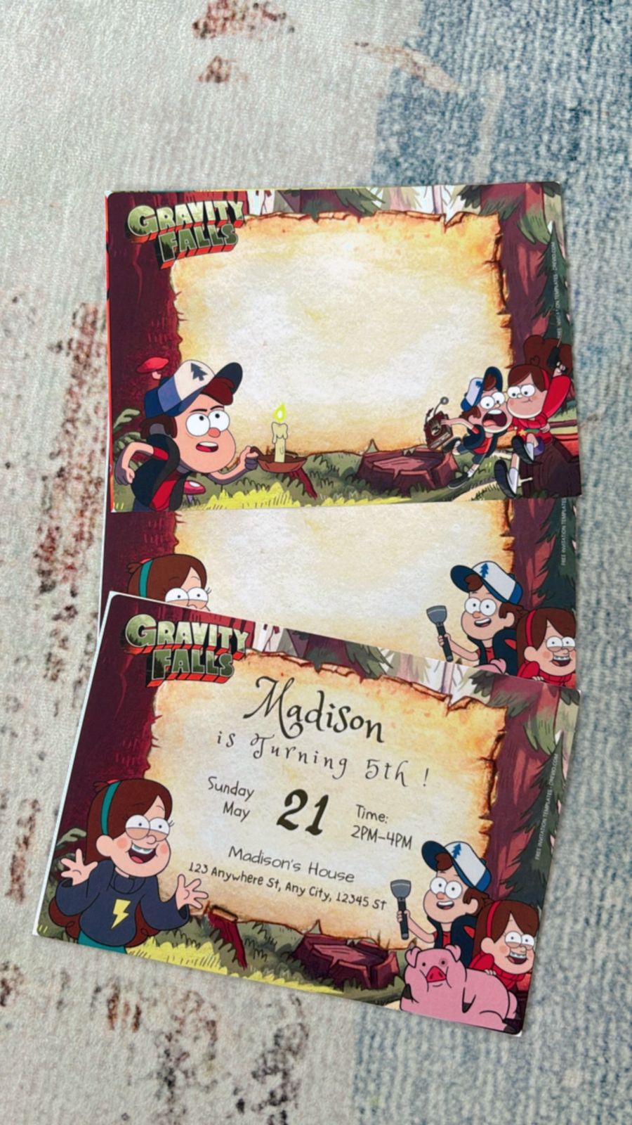 Gravity Falls birthday invite design featuring journal pages, cryptic icons, and uneven sketch-style illustrations
