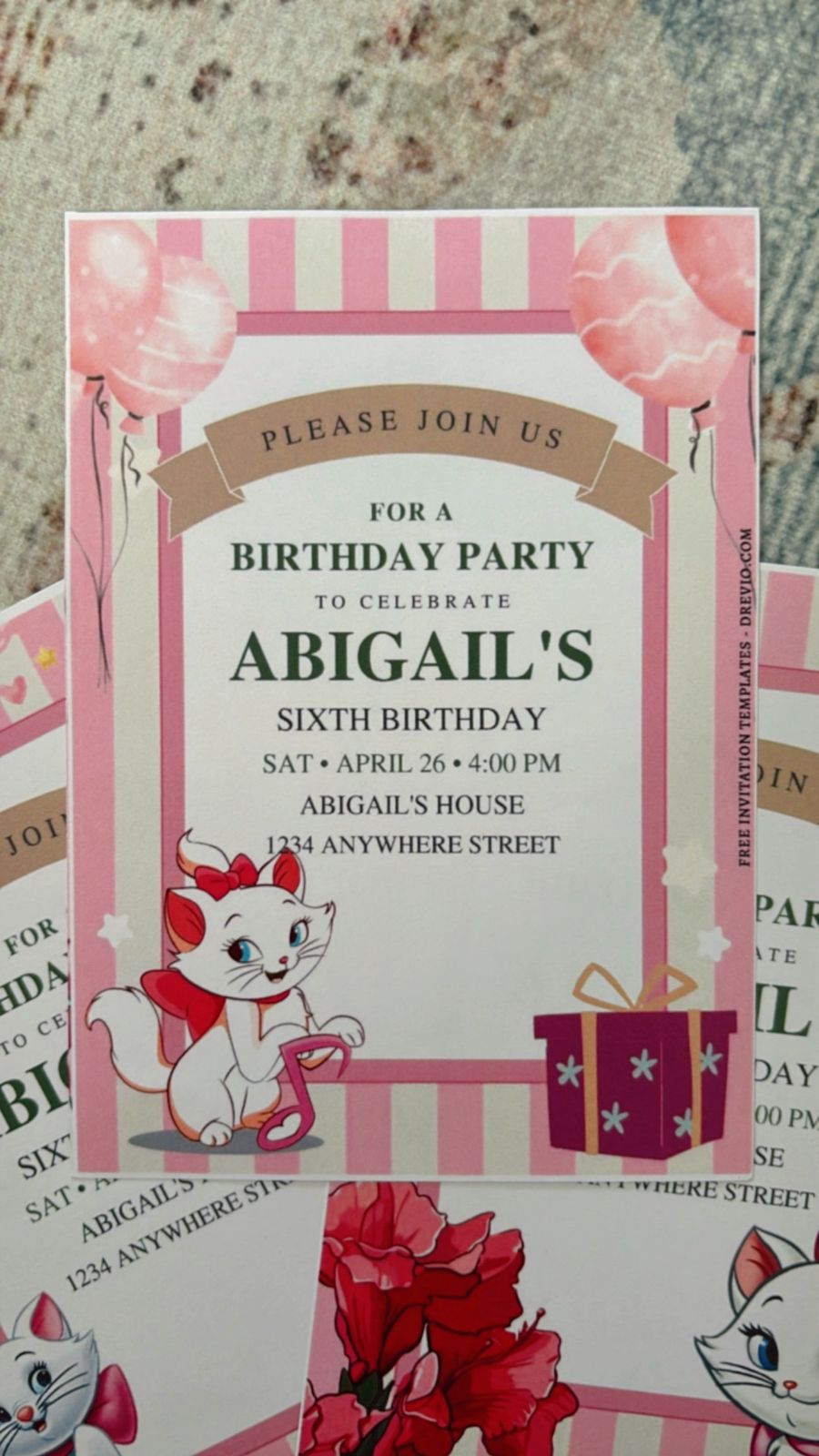 Marie the Cat party invitation theme featuring blush gradient, glitter details, and feminine princess cat vibe