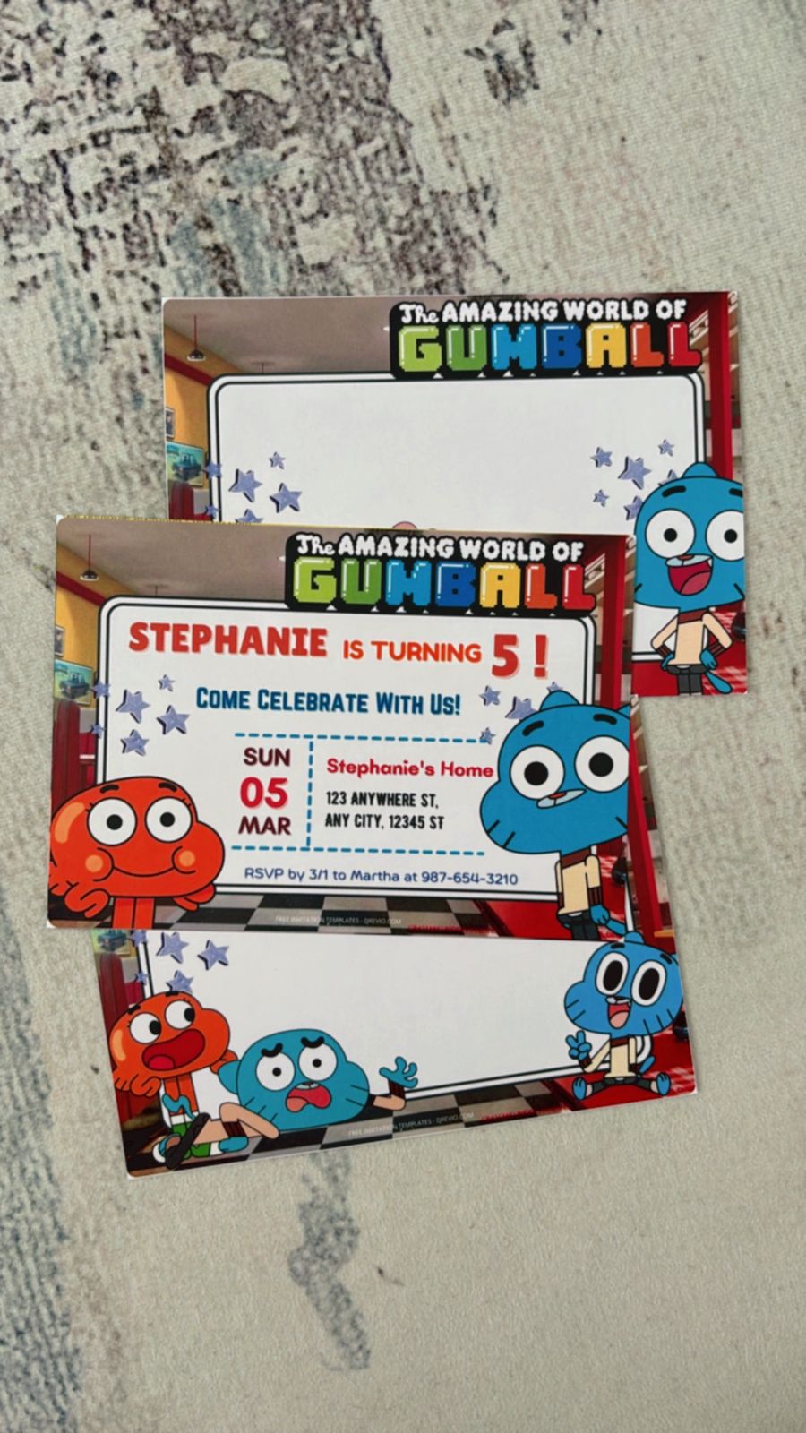 World of Gumball birthday invitations featuring character-inspired graphics, messy fun layout and bright contrasting colors