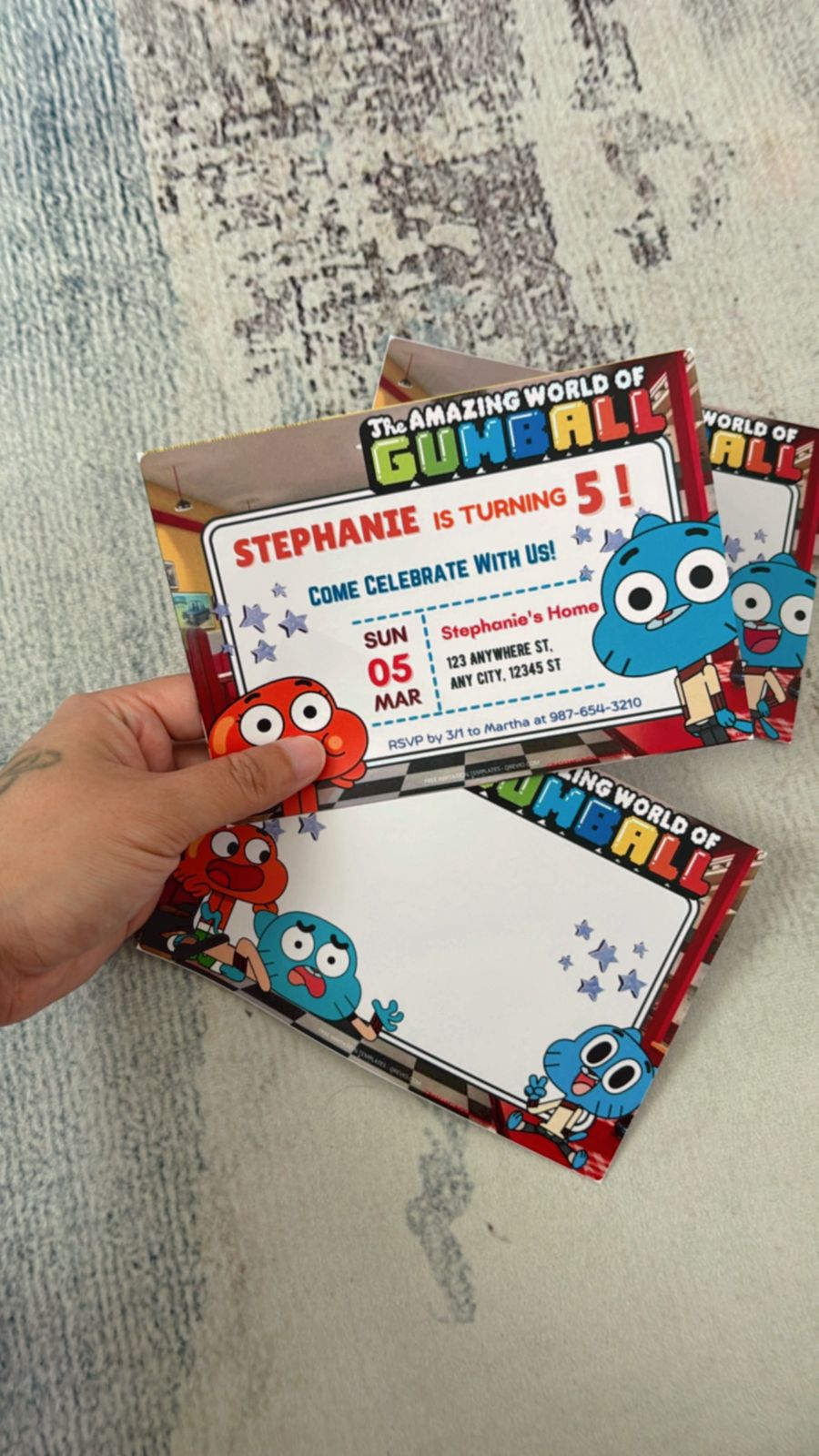 Colorful Gumball themed invitation design with exaggerated cartoon fonts, doodle accents and energetic kid party vibe elements