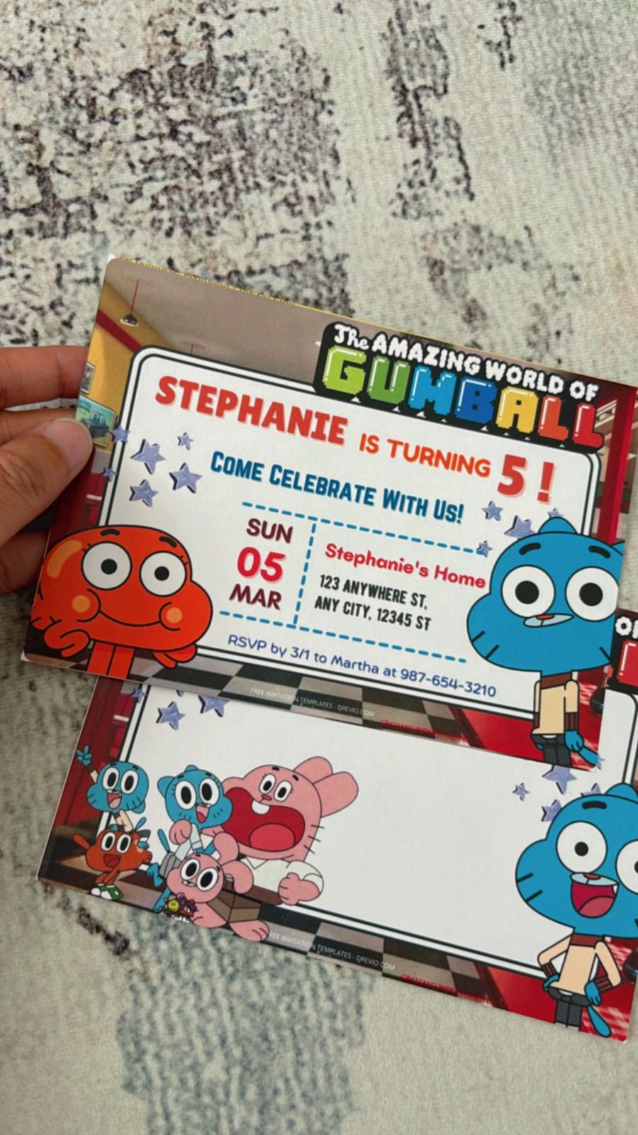 World of Gumball birthday invitations with bold blue, yellow, orange palette, comic speech bubbles and playful cartoon chaos layout