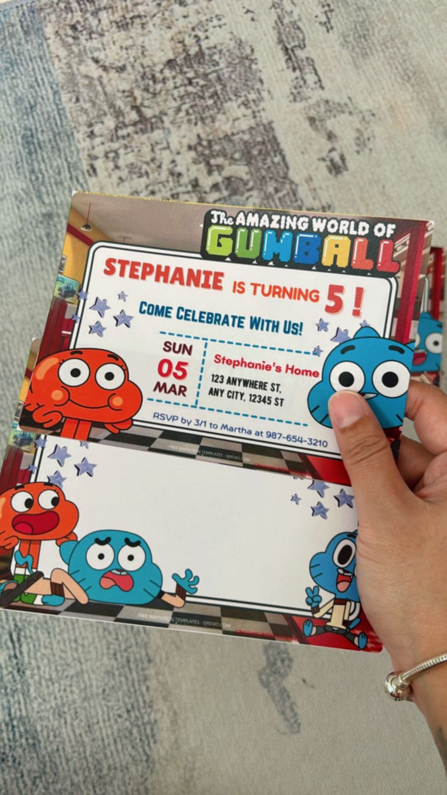Doodle-inspired World of Gumball birthday invitations with sketchy shapes, fun character energy and chaotic playful design