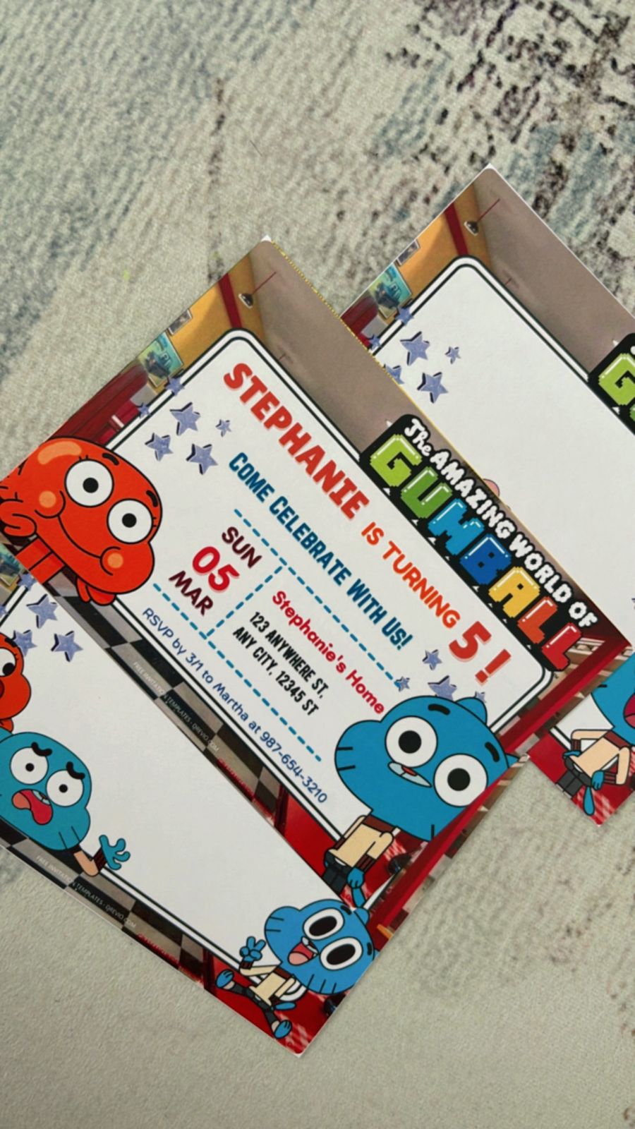 Comic-style Gumball invitation with speech bubbles, playful icons, and bold kid-friendly typography in vibrant colors