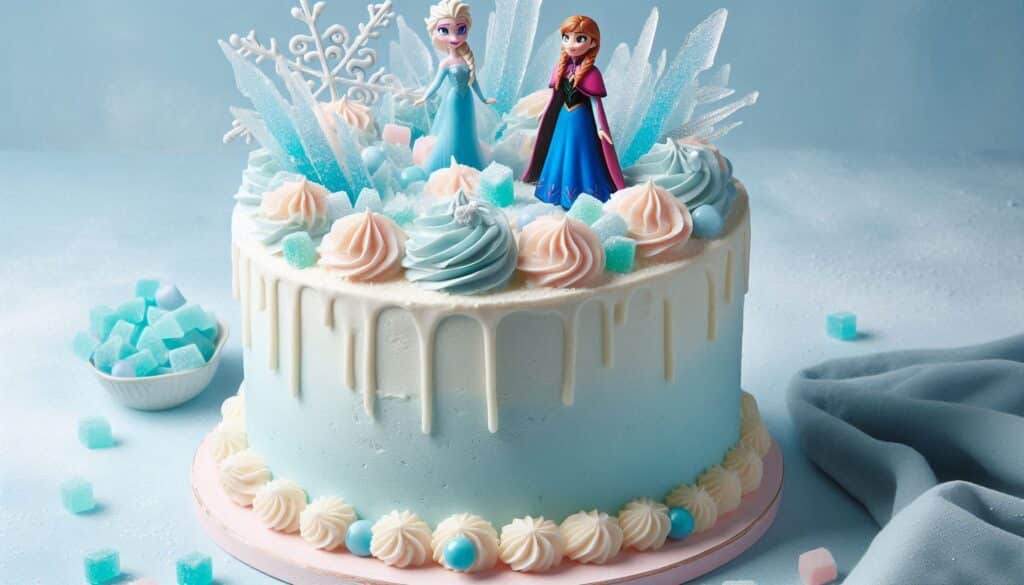 A Simple Round Shaped Birthday Cake With White Buttercream and Elsa & Anna Figurines