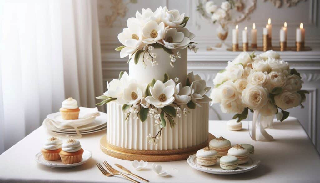 Beautiful Wedding cake with layers of white fondant with magnolia sugar flowers cascading down the sides