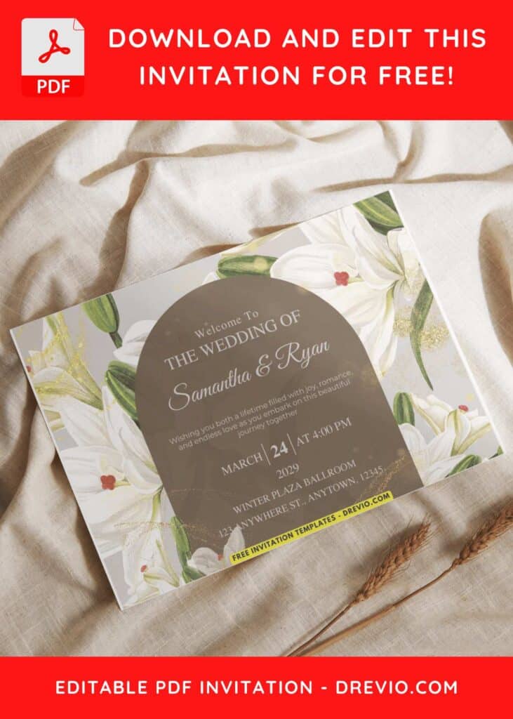 Arch style floral wedding invitation with lily flowers