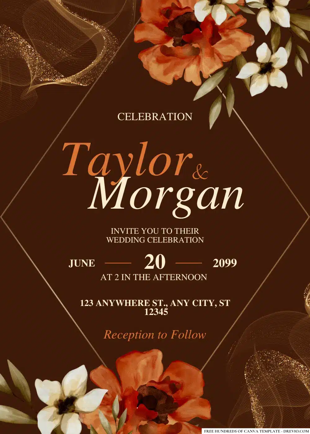 Boho Orange Floral Wedding Invitations