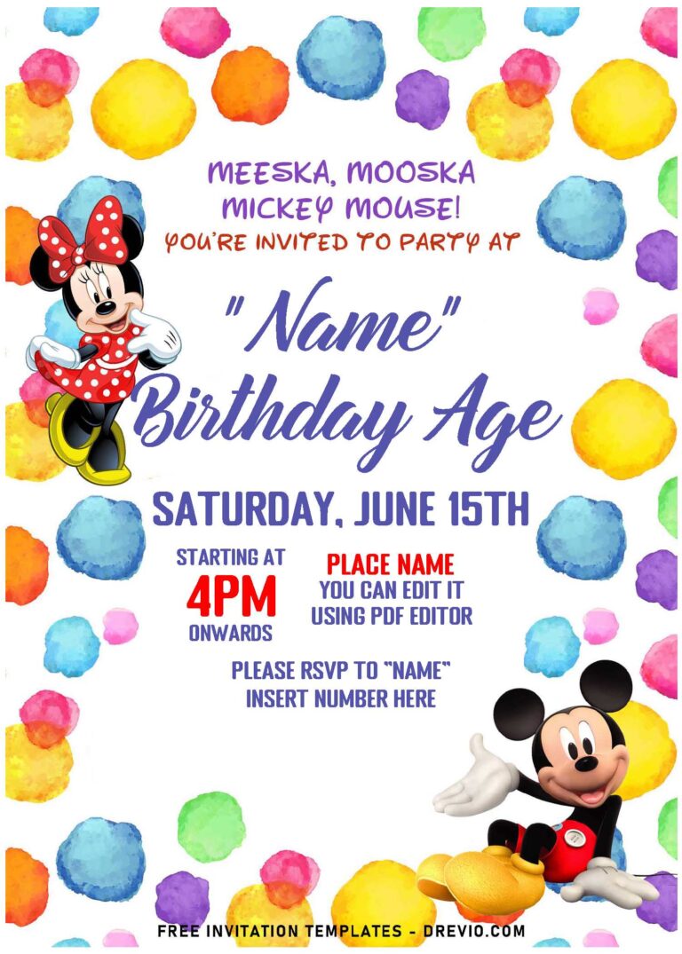 Colorful Mickey And Minnie Mouse Birthday Invitation