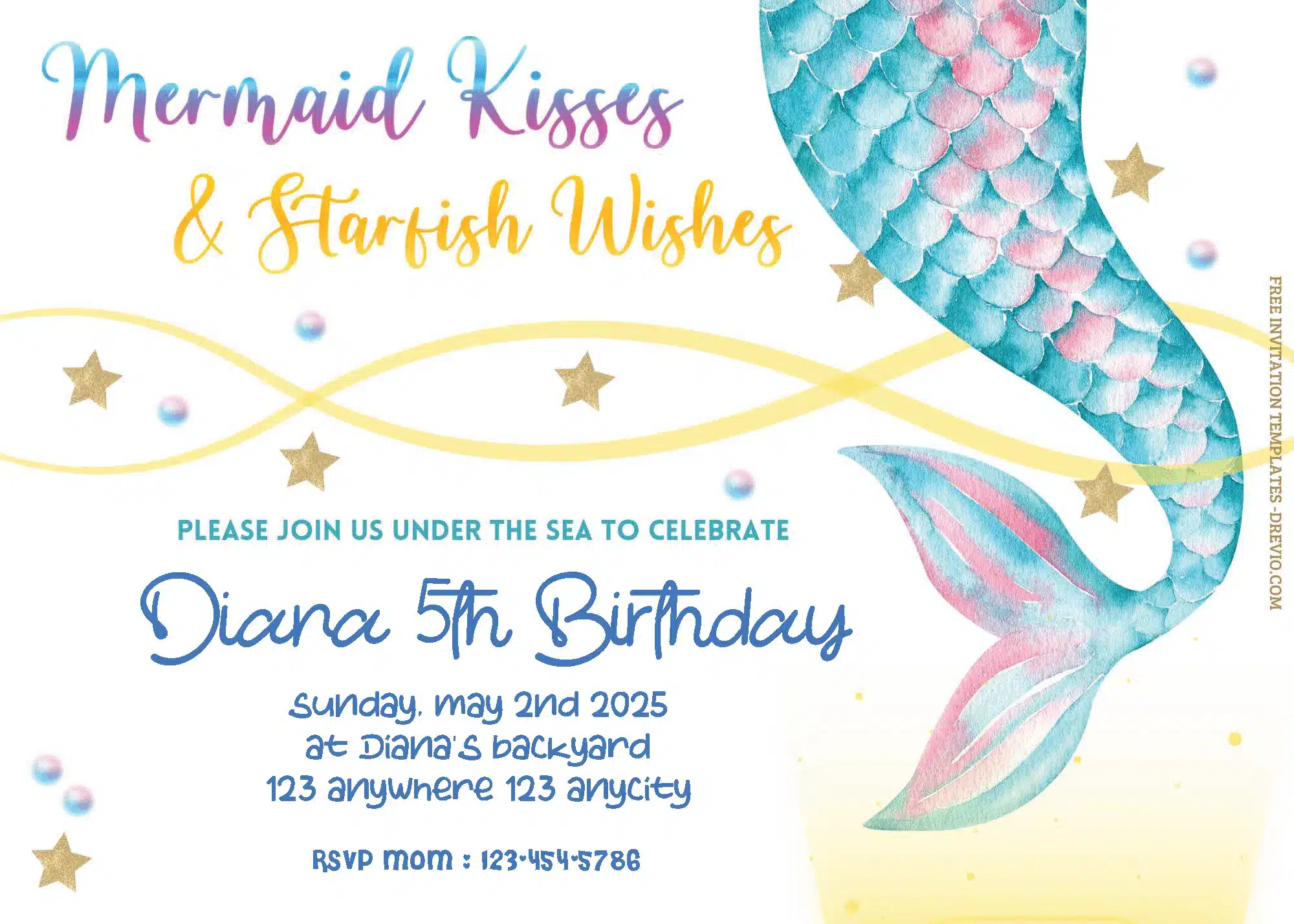 FREE Editable PDF Mermaid Tail Birthday Invitation