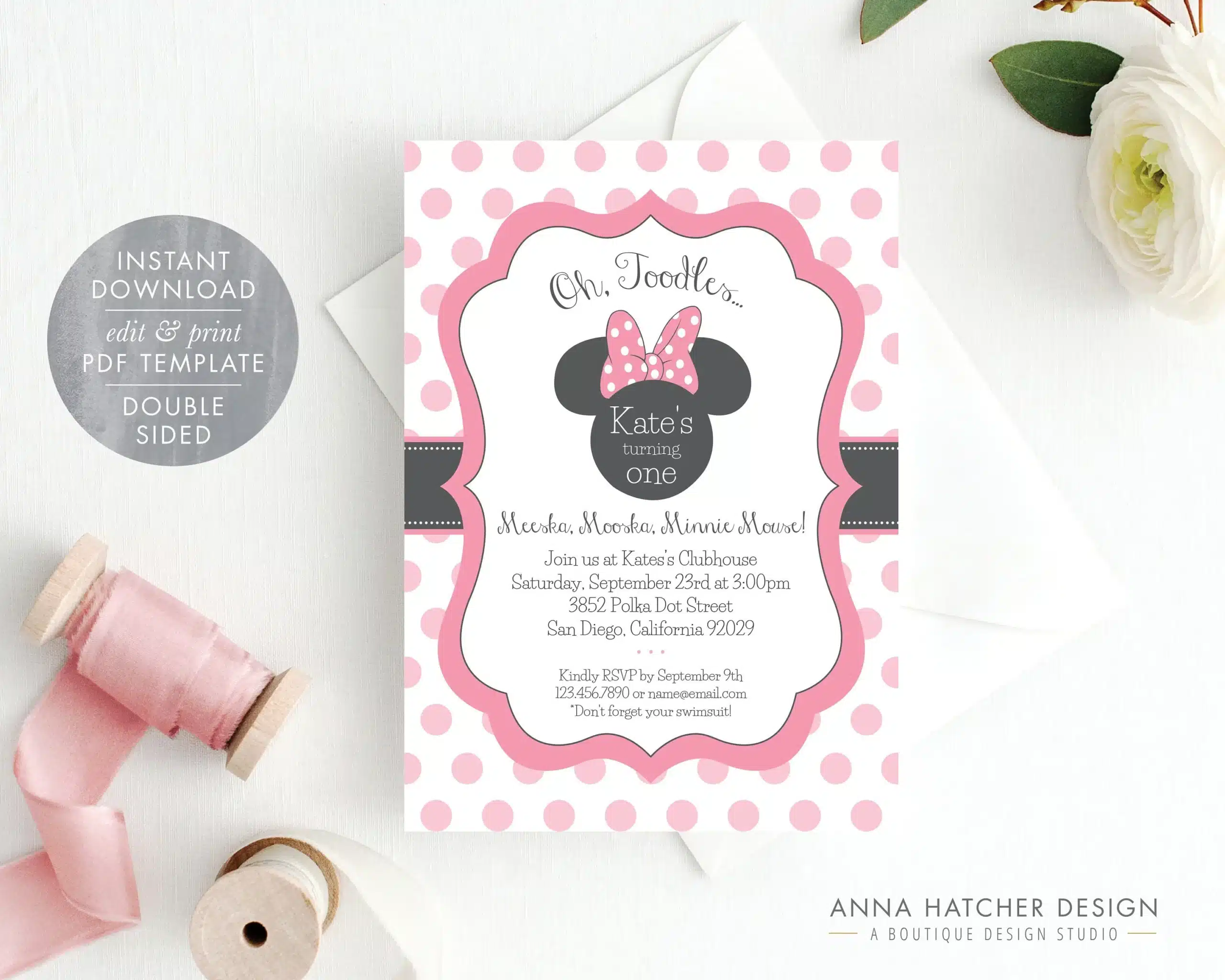 Pink Minnie Mouse Birthday Party DIY Printable Invitation scaled