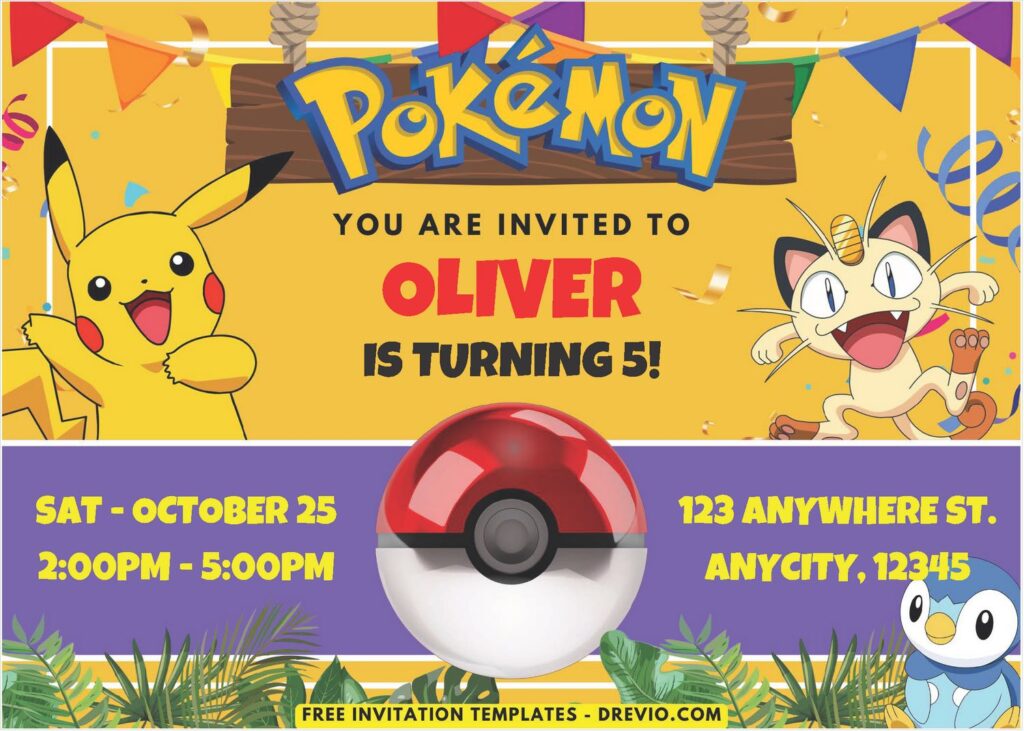 Pokemon Jungle - Pikachu and Meowth Birthday Invitation 