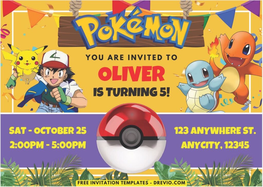 Pokemon Jungle - Ash and Pikachu Birthday Invitation 