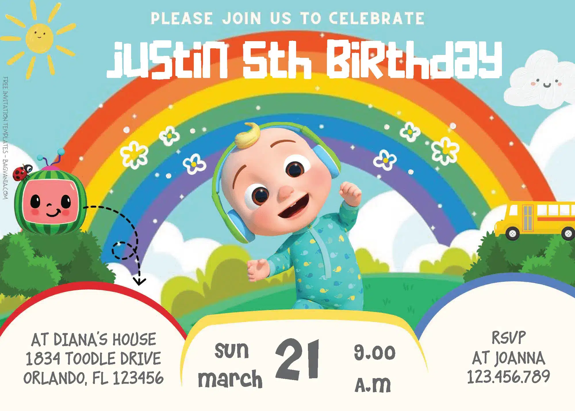 Rainbow and Sunshine Cocomelon Invitation Cards