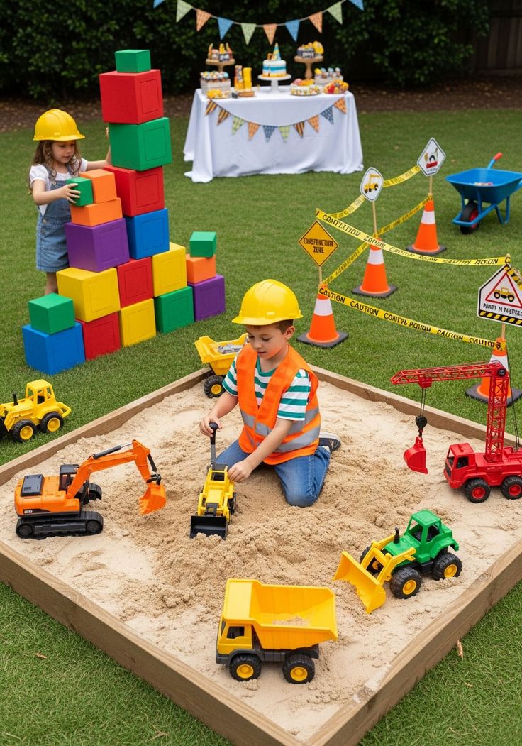 Construction birthday invitation featuring dump truck, traffic cones, and road sign elements